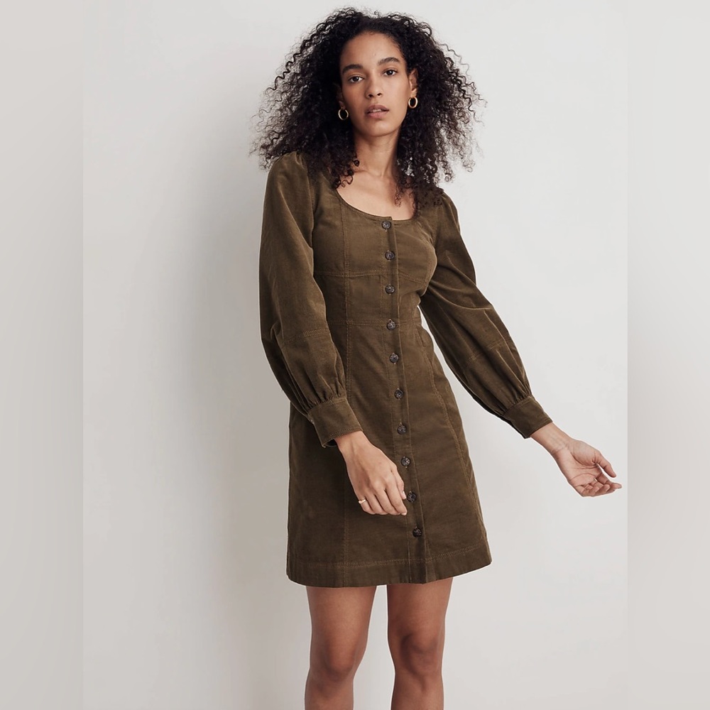 NWT Madewell Corduroy Seamed Long-Sleeve Mini Dress in Kale, Size XL